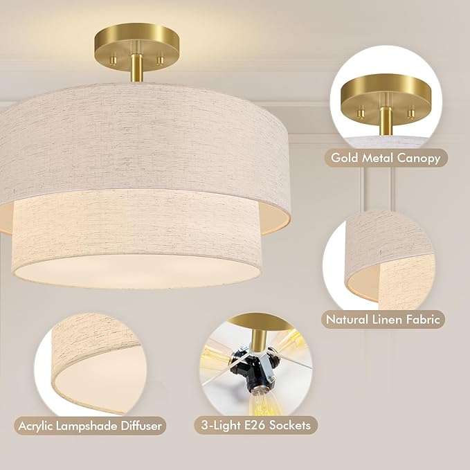 16.5'' Semi Flush Mount Ceiling Light, 3-Light Gold Ceiling Light Fixtures, Farmhouse Close to Ceiling Light with Linen Shade, Modern Drum Ceiling Light for Living Room/Hallway/Bedroom/Dining Room