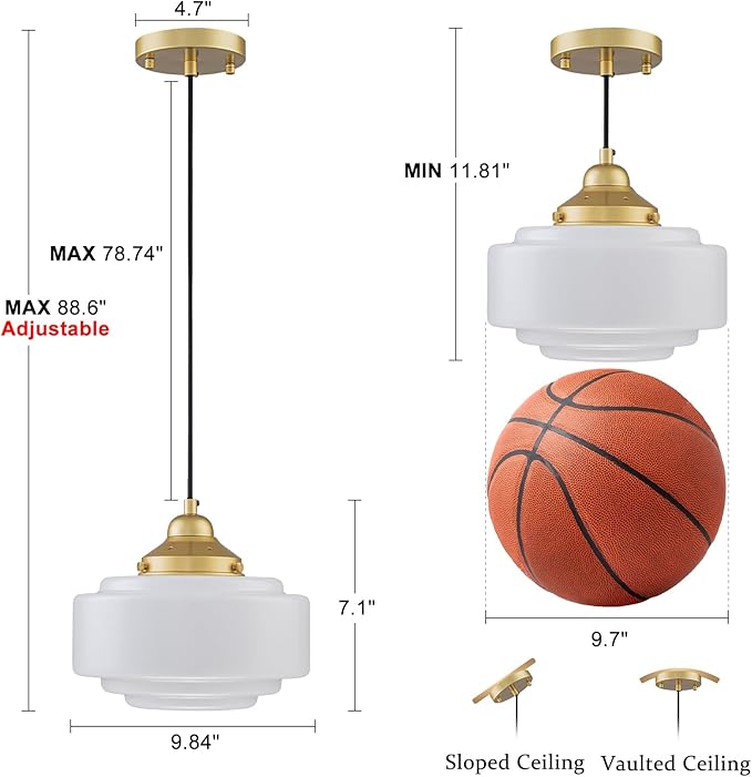 Milk Glass Pendant Light 9.84" Vintage Schoolhouse Chandelier Gold Mid Century Modern Pendant Lighting Fixture for Kitchen Island Dining Room Living Room Hallway, Adjustable Height (E26)