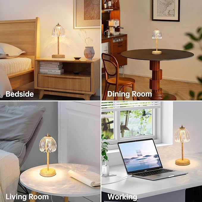 Shenmoyl Tulip Table Lamp with 5200mAh Battery & Touch Control, Small Cordless Table Lamp with 3 Colors, Rechargeable Battery Operated Table Lamps for Bedroom, Desk, Bedside (Transparent-Beech Color)