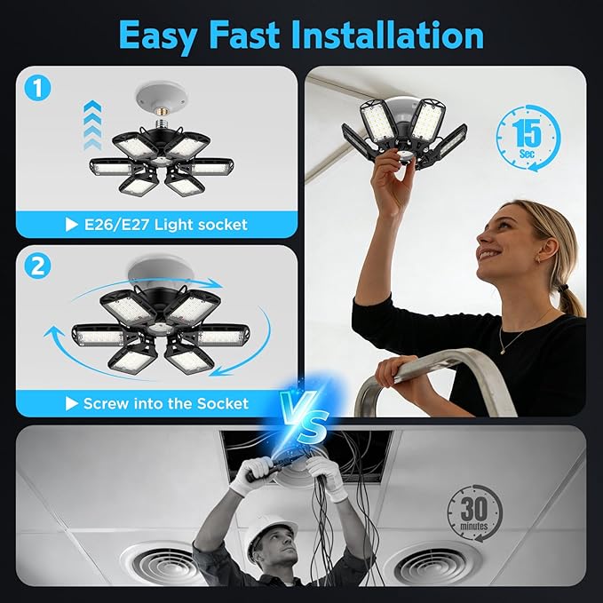 LED Garage Lights 2 Pack, 18000LM 180W Deformable Shop Light with 6+1 Adjustable Panels, 6500K Daylight White Ceiling Light for E26 Base, Ideal for Garage/Basement/Barn