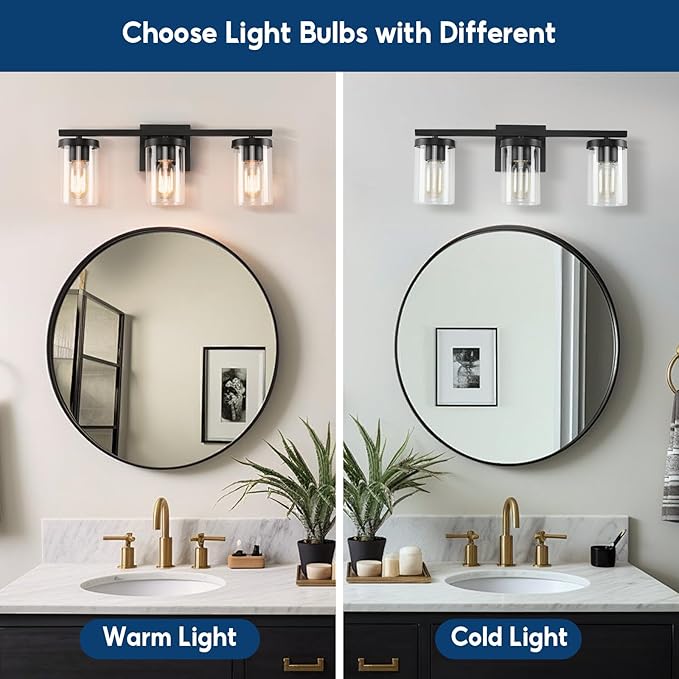 20in Bathroom Light Fixture Over Mirror, 3-Light Matte Black Vanity Lights with Clear Glass Shades, Modern Wall Sconces for Living Room, Bedroom, Hallway, E26 Base