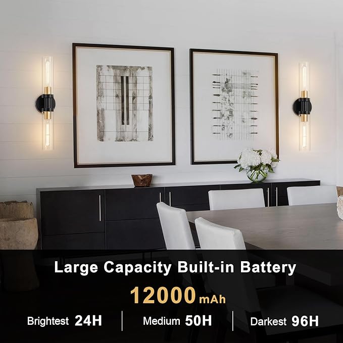 SANTOSTOCK Battery Operated Wall Sconce Set of 2, 12000mAh Rechargeable Wall Lights with Remote Control, Wireless Dimmable Wall Lamps for Bedroom Living Room Bathroom Hallway Stairwell, Black & Gold