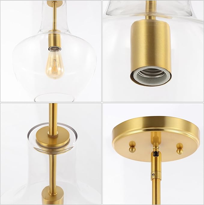 JONATHAN Y 10.5" Brass Gold/Clear Mid-Century Modern 1-Light LED Pendant Light Fixture, Adjustable Schoolhouse Hanging Lamp for Kitchen Island, Clear Glass Shade, LED Bulb Included (JYL6400C)