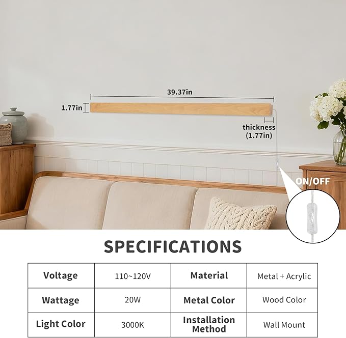 Modern Plug in Long Wall Sconce, 39.3" Faux Wood Texture Finish LED Wall Lights, 20W Warm White 3000K Acrylic Indoor Wall lamp, with 59" Plug Cable for Bedroom, Living Room, Hallway
