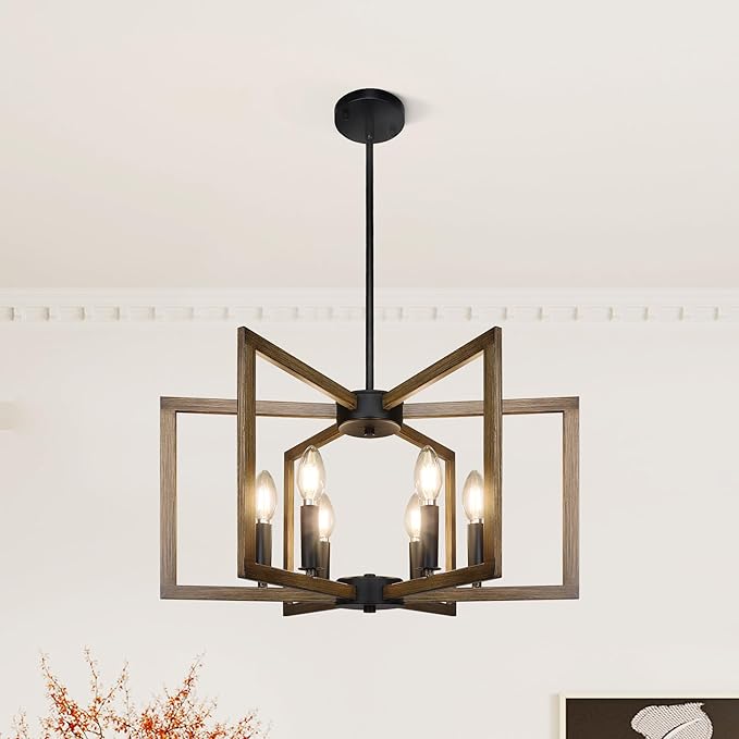 Klgxnrd 6-Light Modern Farmhouse Pendant Lights for Kitchen Island, Vintage Geometric Dining Room Lighting Hanging, Industrial Chandelier for Hallway Foyer, Retro Wood Texture and Black Finish