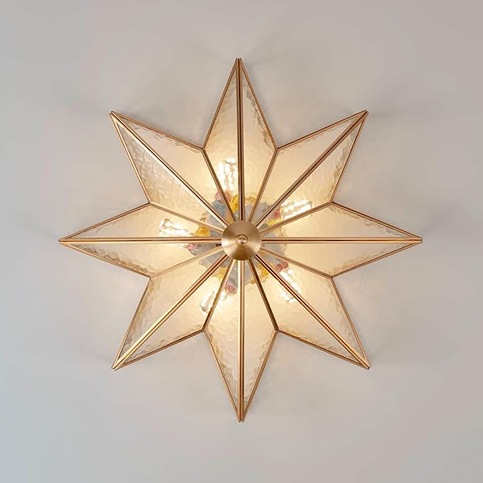 Brass Flush Mount Ceiling Light with Ceramic Light Socket, Star Shaped Ceiling Light Fixture, Mid Century Glass Ceiling Mount Lamp for Bedroom, Living Room Dining Room (Rippled Glass, 23.6")