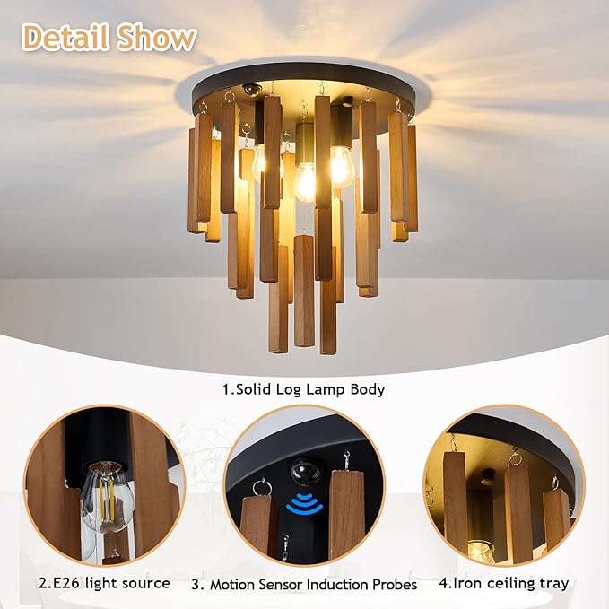 Motion Sensor Semi Flush Mount Ceiling Lights Boho Wood Light Fixture 3-Light Farmhouse Chandelier Oak and Black Ceiling Lighting with E26 for Kitchen Living Room Entryway Bedroom Dining Room