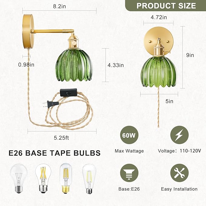 Plug in Wall Sconce, Vintage Sconce Light with Tulip Green Glass Lampshade, Bedside Wall Sconce with Switch and Plug in Wall Lamp Cord, Gold Wall Light for Bedroom
