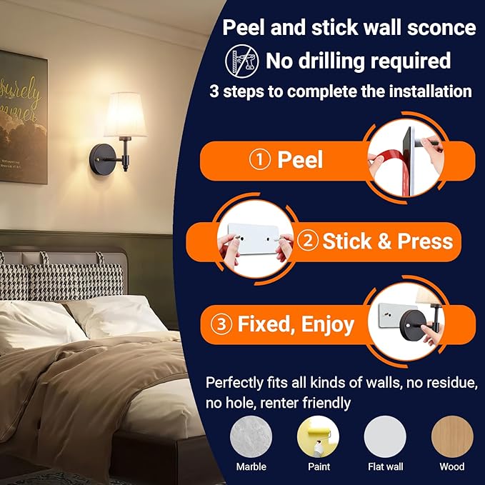 YHCDLAMP Peel and Stick Wall Sconces, No Drilling Stick On Wall Sconce, Wireless Battery Operated Wall Lights, Adhesive Wall Lamp with 10000mAh Battery Bulb for Bedroom Living Room Decor