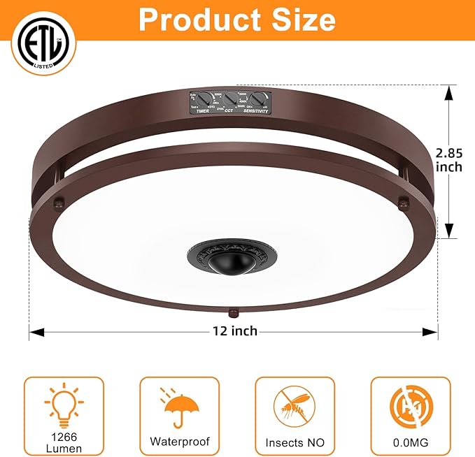 24W LED Motion Sensor Outdoor Ceiling Light, 12IN 2700K/3000K/3500K/4000K/5000K Brown Adjustable Ceiling Lights, Dusk to Dawn Flush Mount LED Ceiling Light Fixture for Porch, Garage