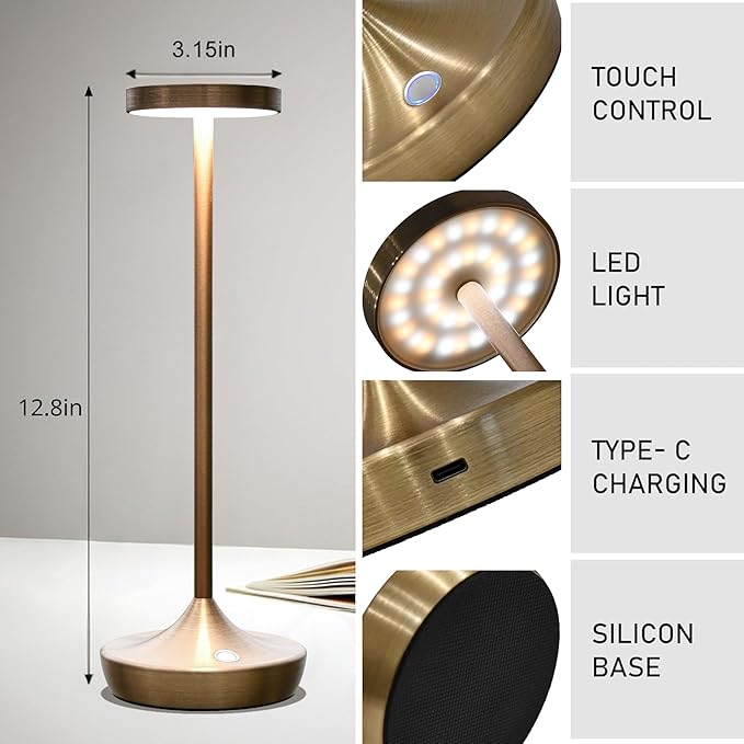 Set of 2 Cordless Table Lamps, Rechargeable 6000mAh LED Desk Lamps, Up to 60 Hours, Touch Control with 3-Level Dimming, Portable Waterproof for Restaurant, Dining Table, Patio & Home (Bronze)