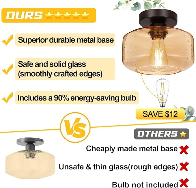 Lynnoland Industrial Semi Flush Mount Ceiling Light, Amber Seeded Glass Shade Ceiling Light Fixture, Light Fixture for Hallway Bathroom Bedroom, Vintage Hanging Light Fixtures