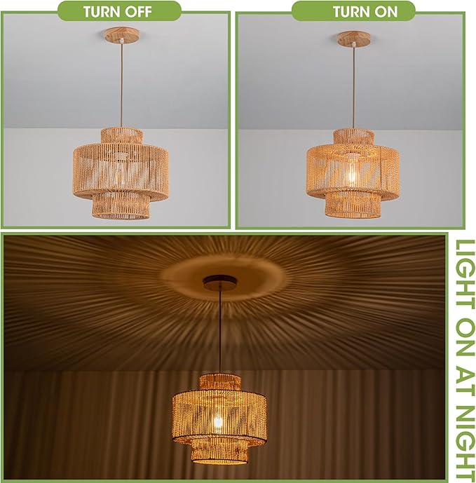 Boho Chandelier Rattan Pendant Light for Dinning Room Bohemian Hanging Lights 3-Tier Rattan Chandelier Basket Light Woven Light for Bedroom Entrance Hallway Kitchen Island Light Fixture
