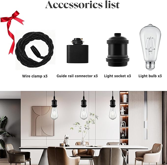 Universal H-Type Pendant Track Lights Kit with 3 Bulbs,3-Pack Black Track-Mounted Hanging Fixtures 4000K Natural Light Bulbs, E26 Socket for Kitchen Island and Dining Room