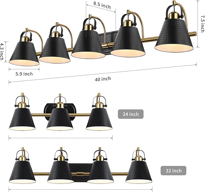 5-Lights Black and Gold Vanity Light, 40inch Modern Farmhouse Vanity Lights, Bathroom Light Fixtures Over Mirror with Hammered Metal Shade, Brushed Gold Wall Lamp for Bath Mirror Living Room Cabinet