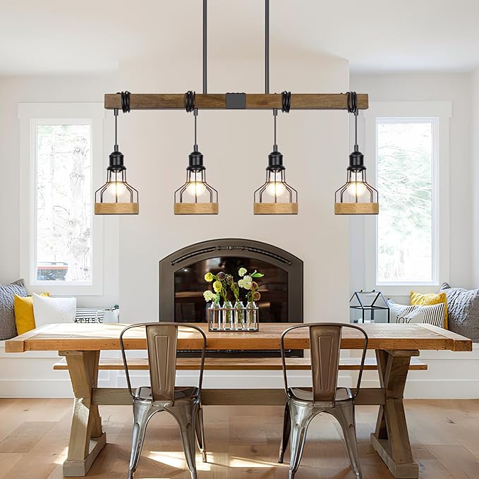 Kitchen Island Lighting Ceiling 4-Light Dining Room Light Fixture Hanging, Rustic Linear Chandelier with Solid Wood Modern Kitchen Pendant Light Over Island Farmhouse Dining Light Metal Lampshade
