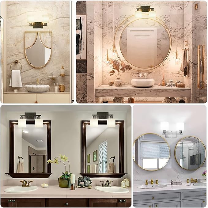 Bathroom Vanity Light Fixture Over Mirror with Brushed Nickel, Modern 2-Light Wall Sconces Lighting for Bedroom,Living Room,Decor White Glass Shades,E26 Standard Base,Bulbs Not Included
