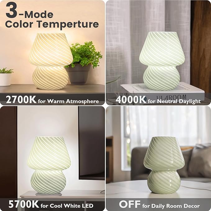 ULAROOM USB Plug-in Mushroom Lamp Small Bedside Table Lamp with 3 Temperature LED Bulb,Free Dimming Nights Light for Bedroom/Living Room/Entryway/Corner Decor (Stripe Green)