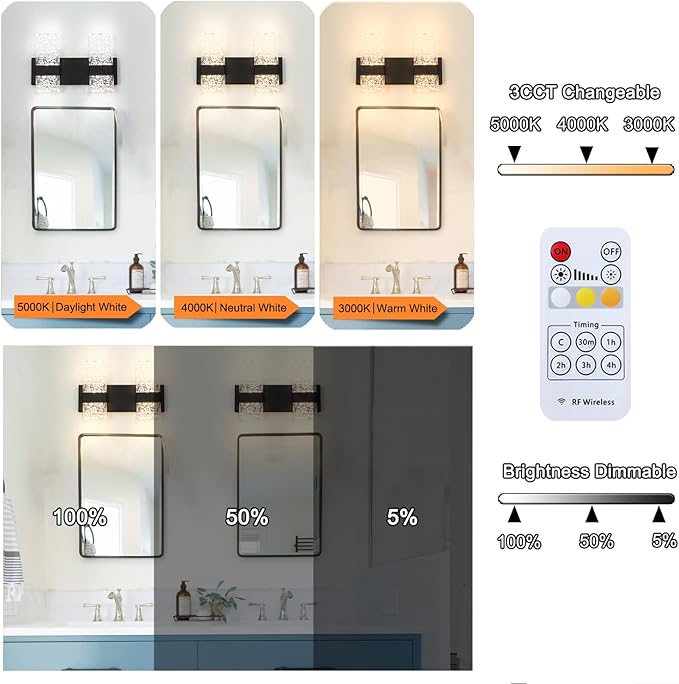 Modern Matte Black 4-Lights Bathroom Vanity Light, LED Bathroom Light Fixtures Over Mirror, Dimmable Acrylic Wall Lighting Fixtures, Hardwired Wall Light(H9.25in, L13.78in)