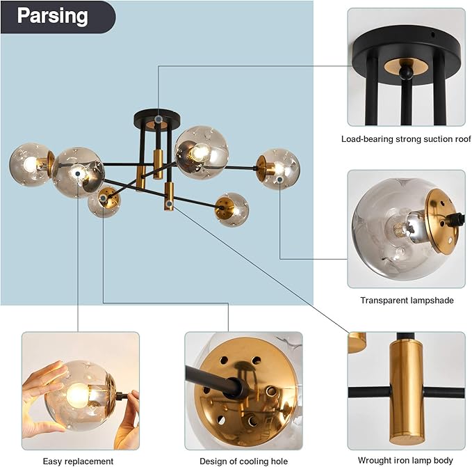 SZXYKEJI6-Lights Glass Globe Sputnik Chandelier Modern Flush Mount Ceiling Light Fixture Farmhouse Lighting for Dining Room Living Room Bedroom Kitchen Passageway(Balck and Gold)