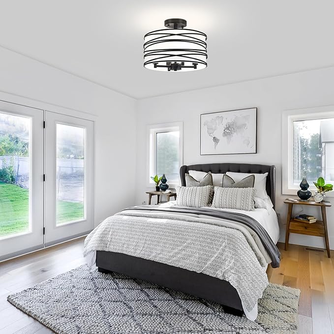 TOULMJ 4-Light Semi Flush Mount Ceiling Light, Black Drum Chandelier with White Fabric Shade, Modern Entryway Light Fixtures for Kitchen Island Laundry Room Hallway Dining Room