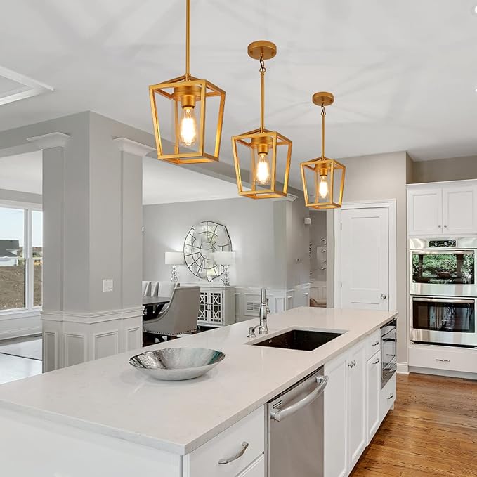 SGLfarmty 7 Inch Farmhouse Brass Pendant Light, Adjustable Lantern Hanging Light with Clear Glass Shade, Modern Ceiling Fixture for Kitchen Island Dining Room Foyer Entryway, Sloped Ceiling Compatible