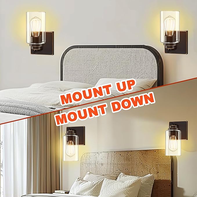 Loyareal Wall Sconces Set of Two, Oil Rubbed Bronze Wall Scone with Switch, Bedside Wall Lamps, Sconces Decor Set, Bedroom Sconces, Modern Bathroom Light Fixtures with Clear Glass Shade