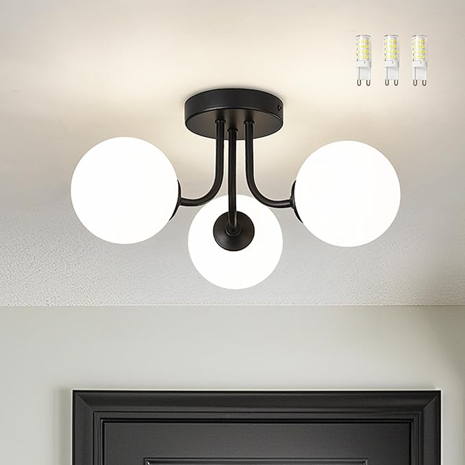 3-Globe Black Flush Mount Ceiling Light in a Modern Farmhouse Design is Ideal for Living Rooms, Bedrooms, or Dining Rooms. Model:CKCL4845-3W-BK，(Bulb Incl)