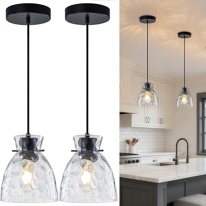 Hammered Glass Black Pendant Lights Kitchen Island 2 Pack, 5.9” Small Farmhouse Pendant Light Fixtures, Adjustable Modern Hanging Lighting Kitchen Pendant Lights over Island Sink Bathroom Dining Room