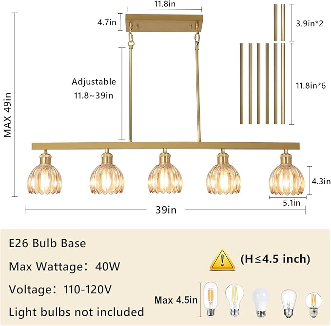 Modern Flower Dining Room Light Fixture, Gold Chandelier for Entryway, 5-Light Kitchen Island Lighting Hanging Pendant Light Fixtures, Glass Chandelier Flower Lamp for Foyer Bedroom Living Room（Amber）