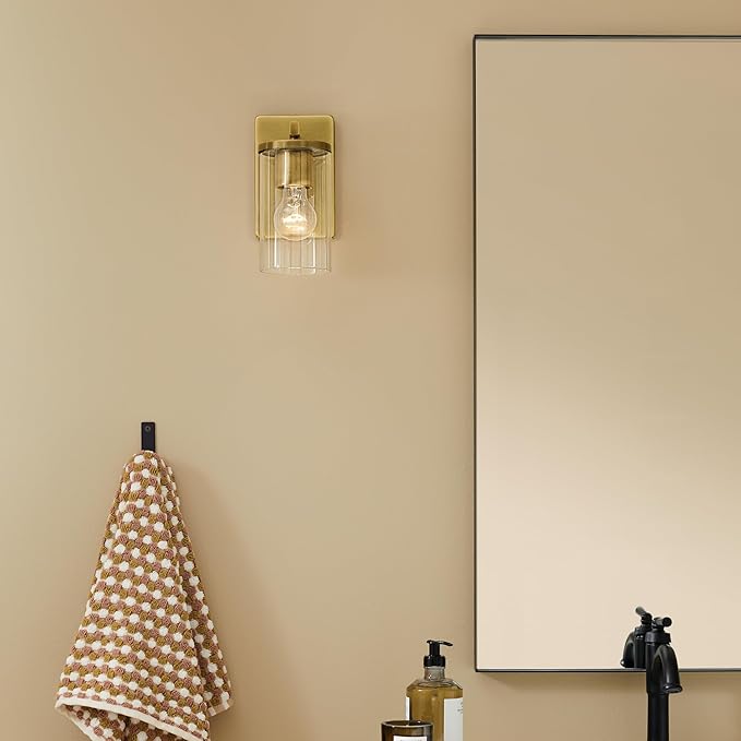 Kichler Crosby 4.5" 1-Light Wall Sconce Bathroom Light Fixture with Clear Glass in Natural Brass for Powder Room, Hallway, Kitchen, Bedroom (4.5" x 9.25"), 45495NBRCLR
