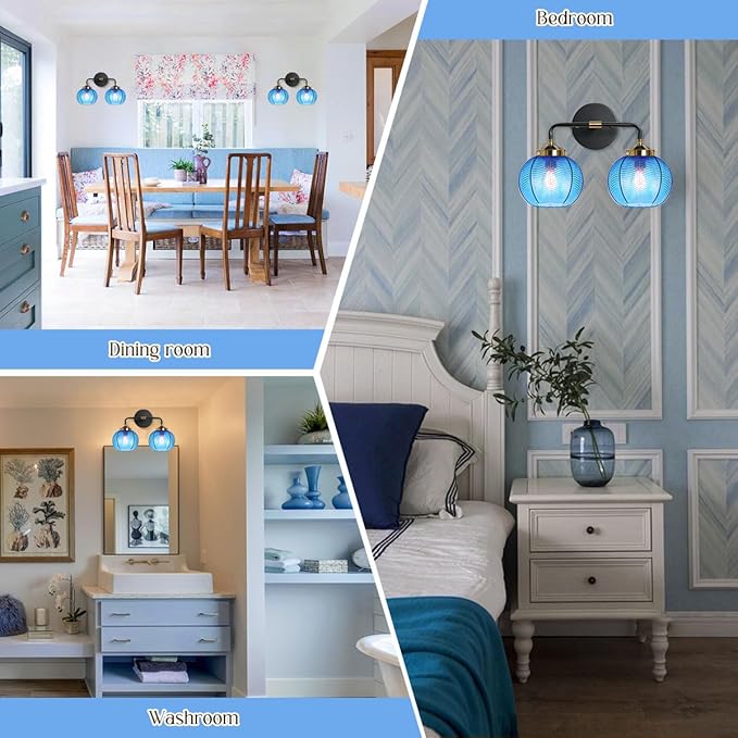 Bathroom Light fixtures Over Mirror Mid Century Vanity Light with Blue Ribbed Glass Shade Globe Wall Sconce 2-Lights Modern Vanity Lights for Dining Room Bedroom Hallway Overhead