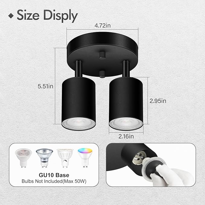 2 Light Track Lighting Fixtures Ceiling, Matte Black Round Directional Ceiling Spotlight, GU10 Flush Mount Track Fixture, Adjustable Modern LED Track Lights for Kitchen/Living Room, Bulb Not Included