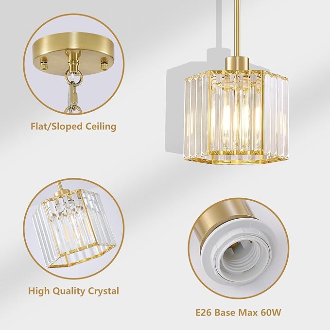 XSDeTu 1 Pack Gold Pendant Lights Kitchen Island, Modern Crystal Pendant Light Fixtures, 1-Light Small Farmhouse Chandelier, Adjustable Brass Hanging Light Fixture for Dining Room, Hallway, Bedroom