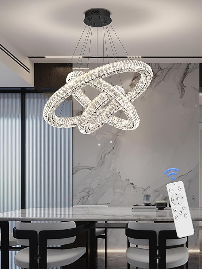 3 Ring Chandelier for Living Room Black Crystal Ring Chandelier for High Ceiling Foyer LED Dimmable 3000-6000K D32''+D24''+D16''