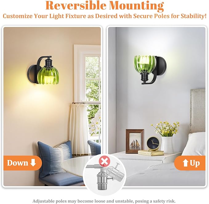 VerRon Rechargeable Battery Operated Wall Sconce with Green Glass Lampshade, Wireless Wall Scone Decor with Remote Control, 15 Colors Black Wall Light for Bedside Hallway Bedroom Doorway