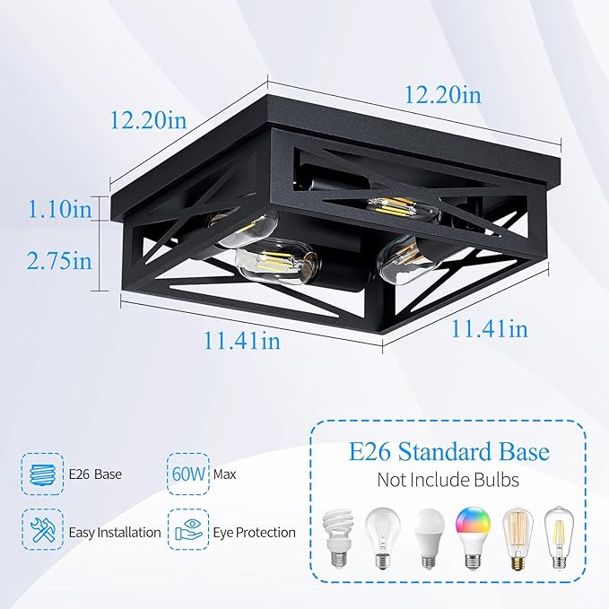 Black Flush Mount Ceiling Light Fixture,4-Light Square Hallway Light Fixtures Ceiling,Light Fixtures Ceiling Mount for Farmhouse,Kitchen,Hall,Bedroom (2 Pack)
