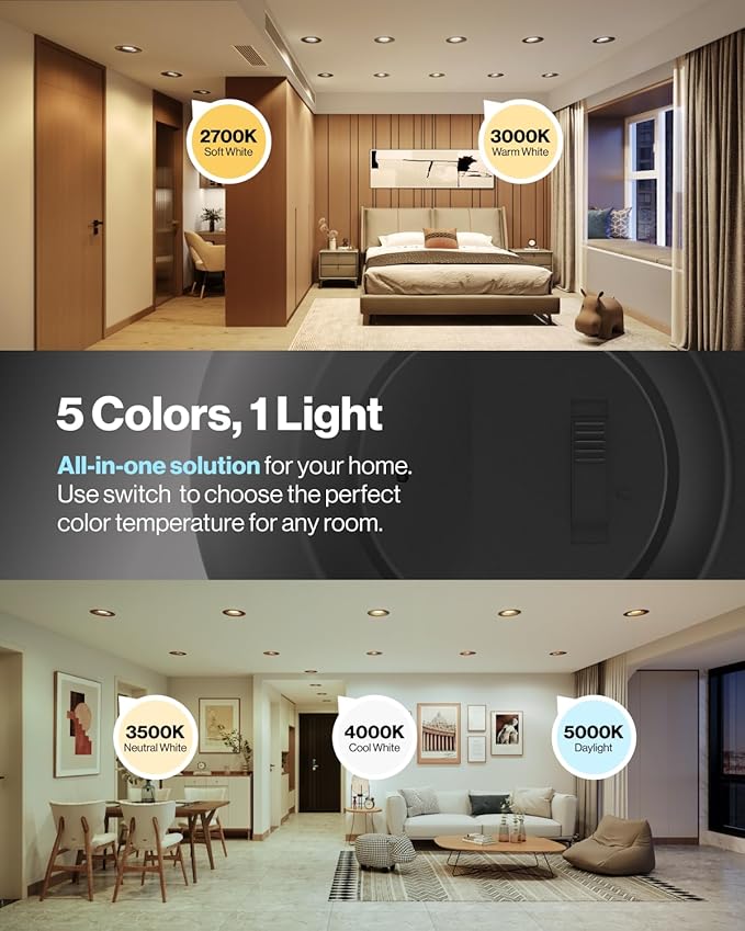 Sunco 24 Pack 5CCT Black LED Recessed Lighting 6 Inch, 2700K/3000K/3500K/4000K/5000K Selectable, Dimmable Can Lights, Baffle Trim, 13W=120W, 965 LM, Damp Rated, Retrofit Installation - UL Listed