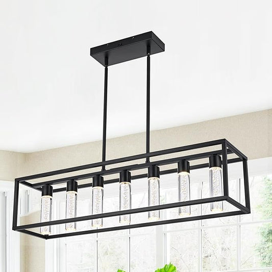 MELUCEE 7 Lights Modern Kitchen Island Lights 35W Dining Table Light Fixture with Crystal Bubble 5 Color Black Pendant Lights Kitchen Island, Integrated LED Chandelier for Dining Room Billiard Room