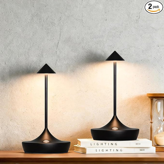2-Pack Cordless Rechargeable LED Table Lamps, Metal, 3 Color Touch Stepless Dimmable, IP54 Waterproof Portable Battery Operated for Outdoor Dining Patio Restaurant Home Decor, Black
