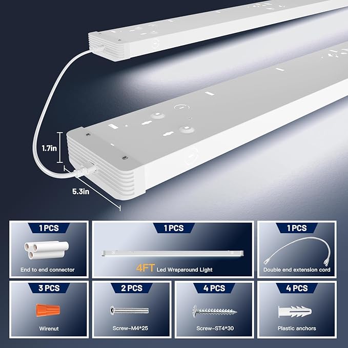 BBOUNDER 1 Pack 4FT LED Wraparound Light with 3CCT Selectable, 4000K/5000K/6500K, Super Bright 5500LM 50W 4 Foot LED Wrap Lighting Fixture, Flush Mount Office Ceiling Light for Kitchen Garage, White