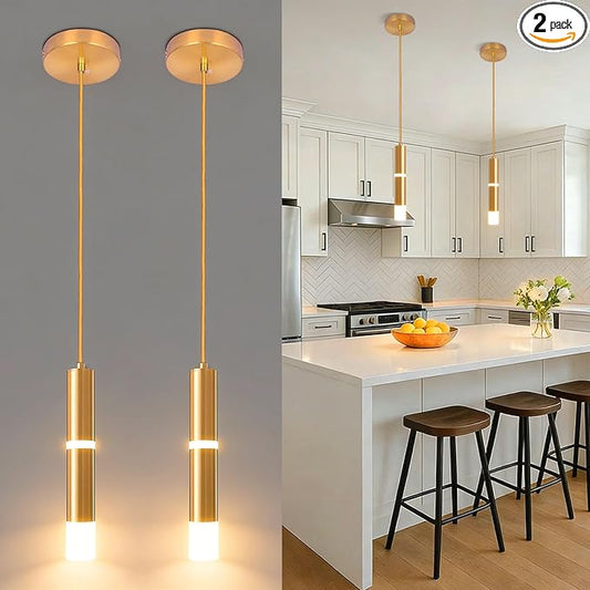 2 Pack Modern Pendant Light, 7W LED Kitchen Island Light Light-Luxury Brass Cylindrical Hanging Lamp Long Tube Pendant Lights for Dining Room Living Room Sloped Ceiling (3000K)