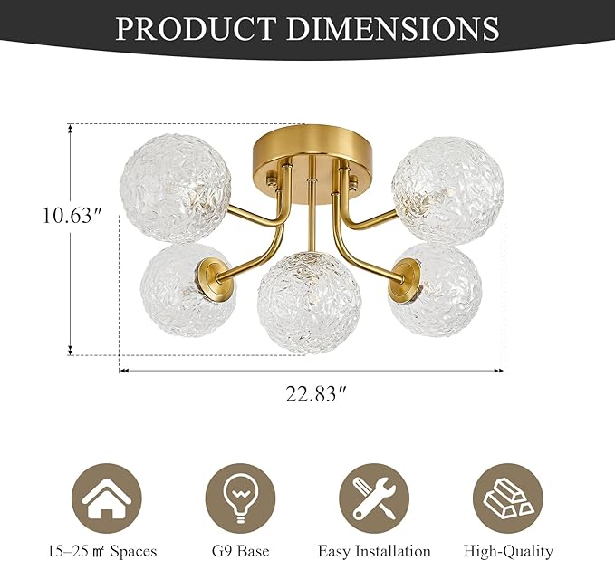 Sputnik Semi Flush Mount Ceiling Light Mid Century Modern Gold Ceiling Light 5 Lights Clear Glass Globe Chandelier for Bedroom Kitchen Entryway Closet