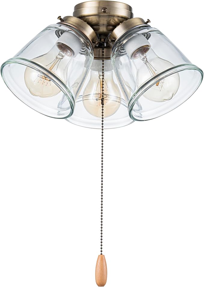 Aspen Creative 22014-1, Three-Light Ceiling Fan Light Kit with Pull Chain, Antique Brass Finish with Clear Glass Shades, 13-1/8" Diameter x 6-3/4" Height