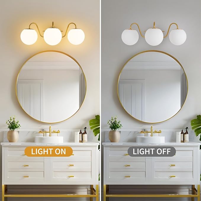 3 Lights Vintage Bathroom Vanity Light Fixtures Over Mirror, Brushed Gold Vanity Lights For Bathroom With Milk White Glass Globe Shade, Wall lights For Bedroom, Hallway, Dressing Table,Includ G9 Bulbs