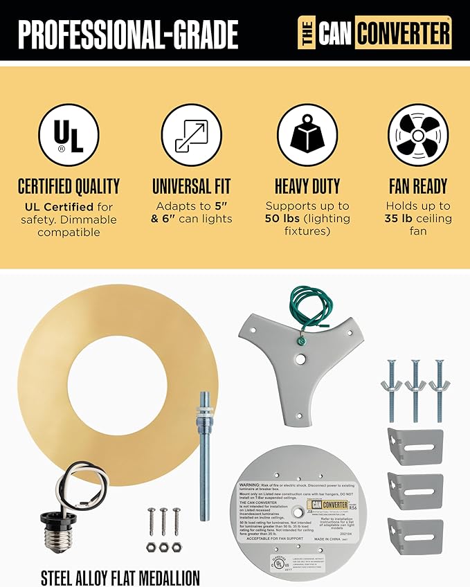 The Can Converter R56 Recessed Can Light Conversion Kit w/ 7"¾ Flat Ceiling Medallion - Home Improvement for 5" & 6" Cans, Converter Kit for Ceiling Fan & Light Fixture, UL Certified, Brushed Brass