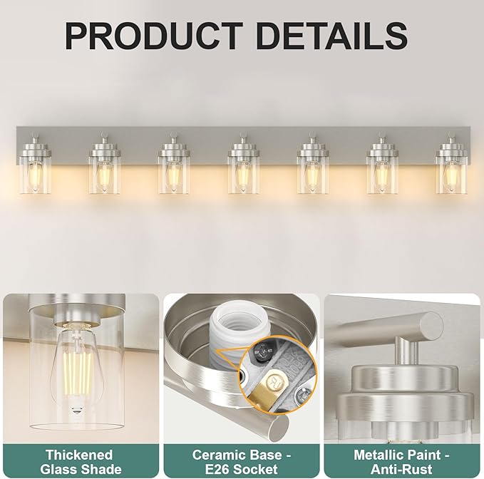 IZORRO Bathroom Vanity Light Fixture, 7-Light 52 inch Brushed Nickel Bathroom Light Fixtures Over Mirror, with Clear Glass Shade, Modern Farmhouse Vanity Lights, Rustic Restroom Lighting Fixtures