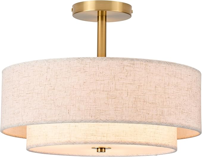15.7 inch Modern Ceiling Light, Double Fabric Ceiling Lamp, 3 Light Gold Semi-Flush Mount Ceiling Lights, Round Ceiling Light Fixture for Bedroom, Kitchen, Dining Room, Hallway，Living Room