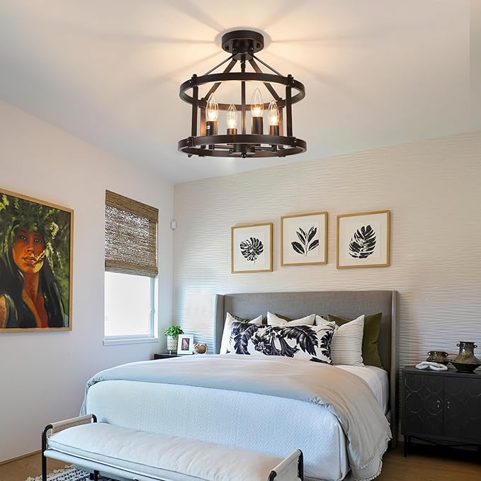 13.5 Inch Black Farmhouse Semi Flush Mount Ceiling Light Fixture,4-Light Rustic Ceiling Mount Lights, Industrial Flush Mount Ceiling Lighting for Kitchen Bedroom Hallway Dining Room Laundry Room