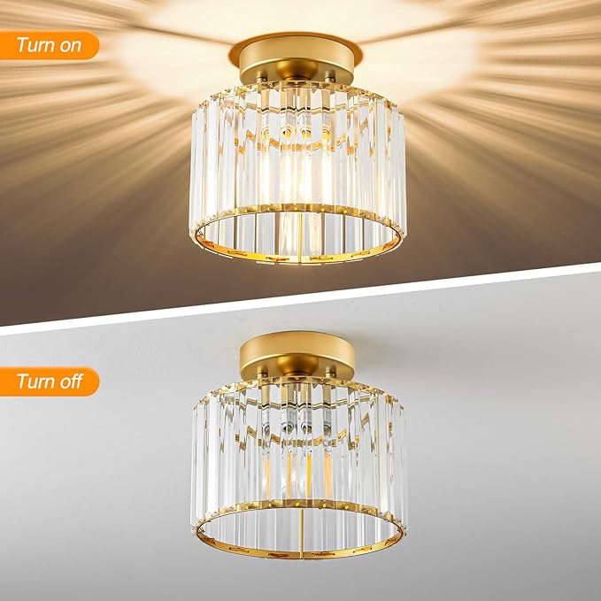 Crystal Gold Semi Flush Mount Ceiling Light, Modern Hallway Light Fixture, Metal Close to Lamp for Bathroom Entryway Bedroom Kitchen(8.66 inch)